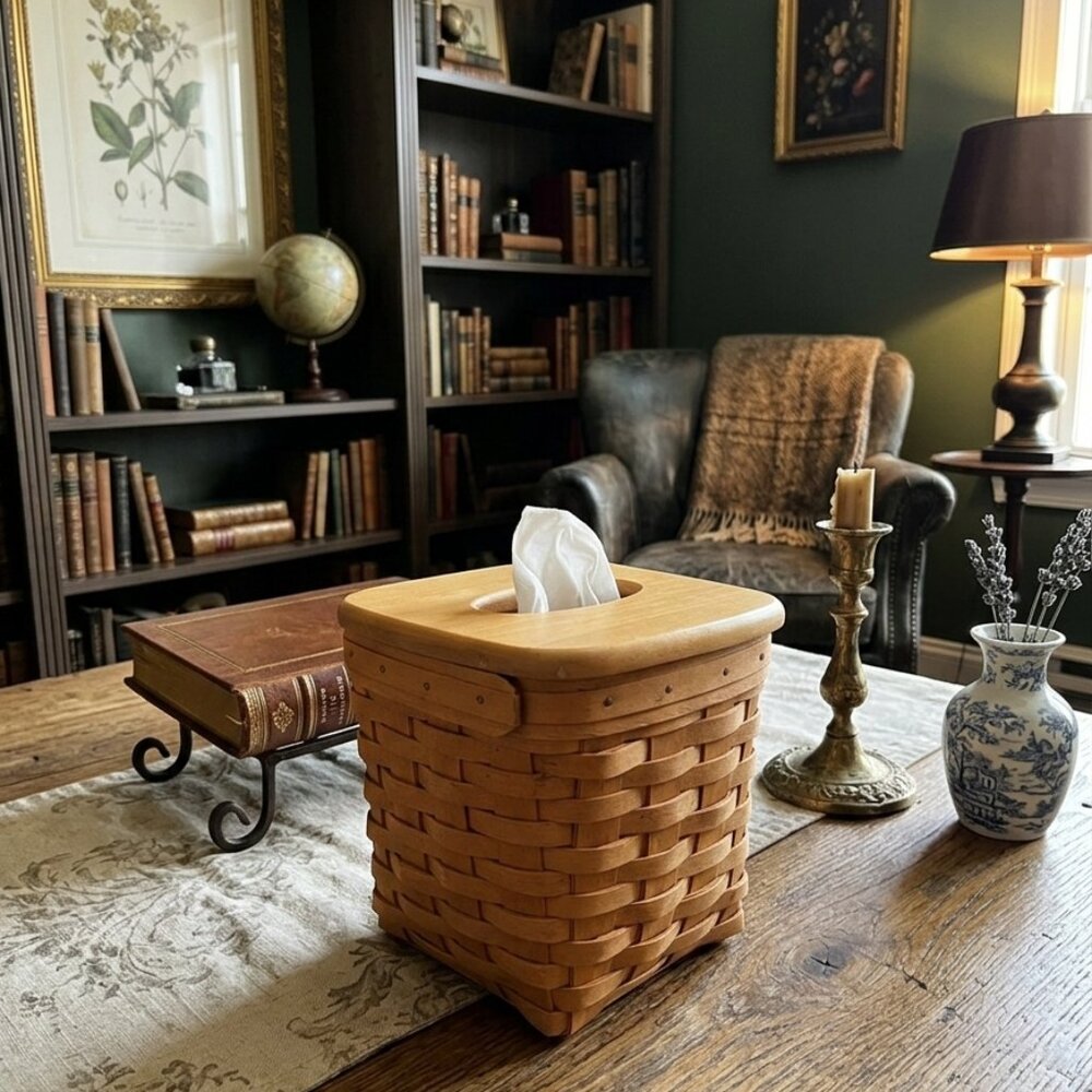 Longaberger 1997 Tissue Box Basket with Wood Lid - Vintage Handwoven Decor